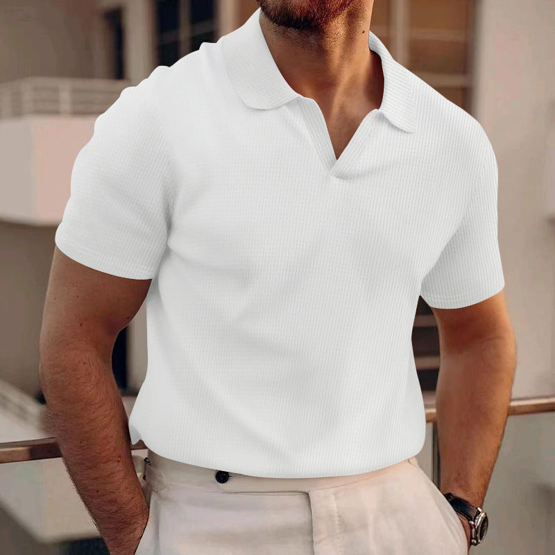 INS Waffle Lapel Short-sleeved T-shirt Summer Fashion Solid Color V-neck Polo Shirt Tops Men's Clothing by null