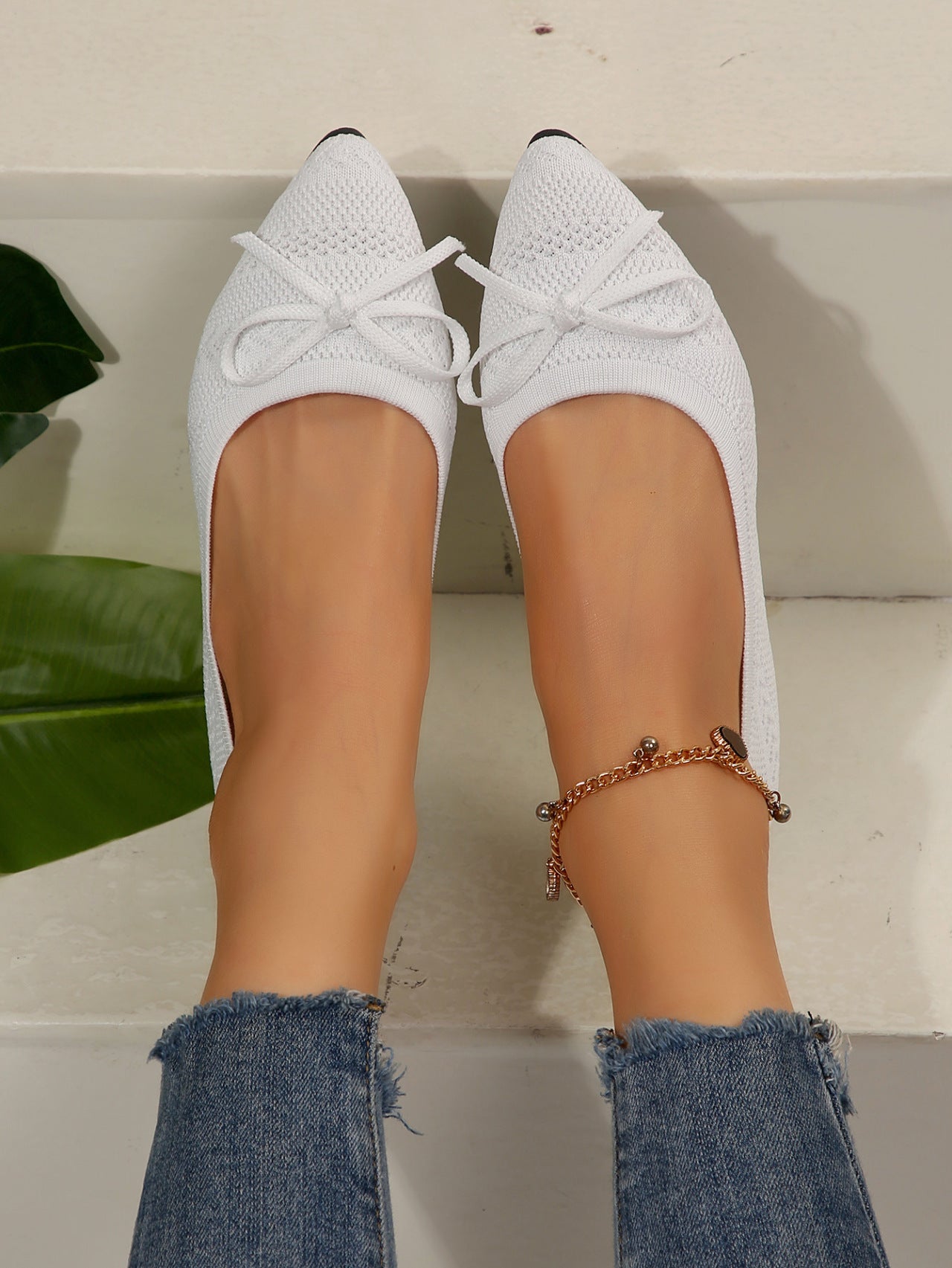 Buy Bow Knitted Loafers Ins Fashion Pointed-toed Flats Shoes For Women online at DLC Market