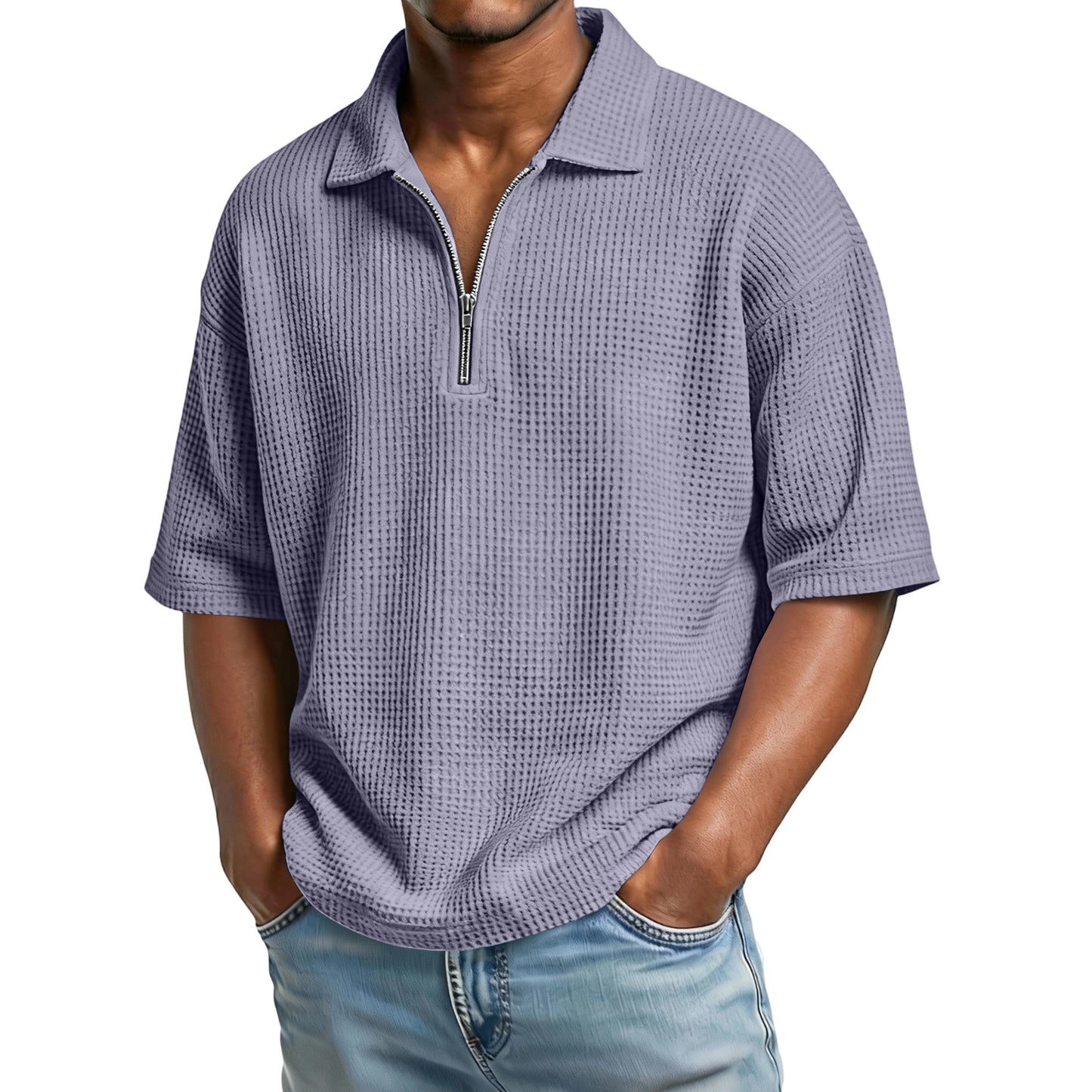 Men's Waffle-Weave Short-Sleeved Shirts Summer Solid Color Lapel Polo Shirt T-Shirt Beach Style Tops by null