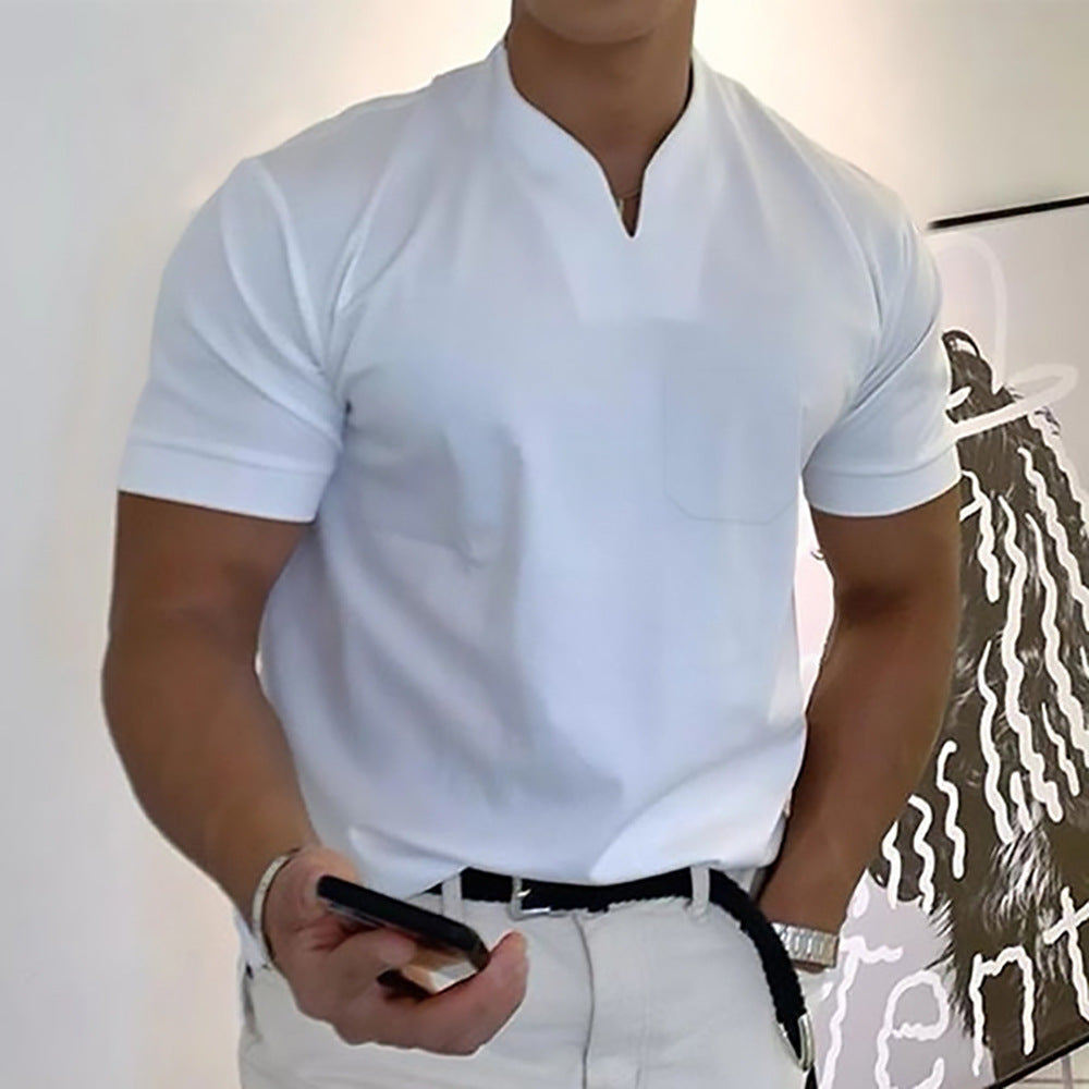 Summer Short Sleeve Shirt Men Fitness Plus Size Sports T-Shirt Elastic Cotton Pocket by null
