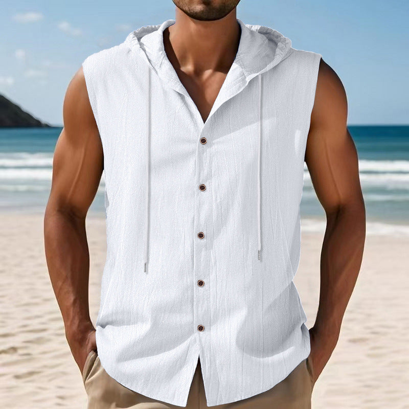 Mens Sleeveless Linen Hooded Shirt by null