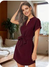 Buy V-neck Short Sleeve Dress With Belt Summer Fashion Bowknot Dresses For Women Clothing online at DLC Market