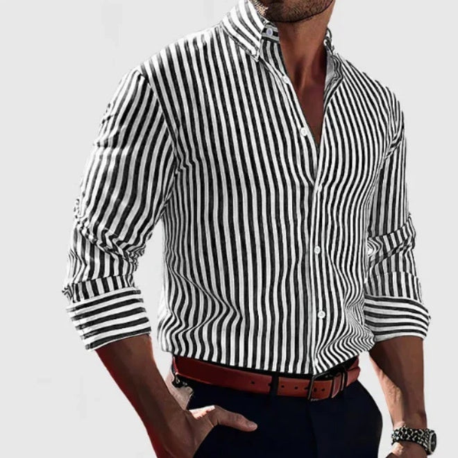Ins Stripe Printed Long Sleeve Shirt Men Fashion Casual Lapel Button Top Clothing by null