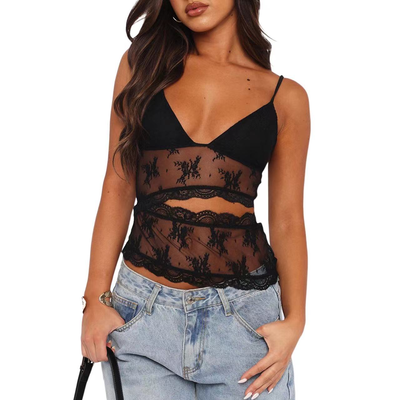 Lace Stitched Backless Small Sling Women V Neck Tank Top Underwear Vest Candy Color Bralette Clothes by null