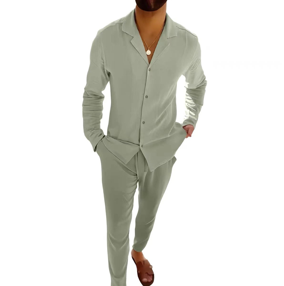 Casual Long-sleeved Suits Fashion Lapel Single-breasted Shirt Top And Slim-fit Trousers Men Clothing by null