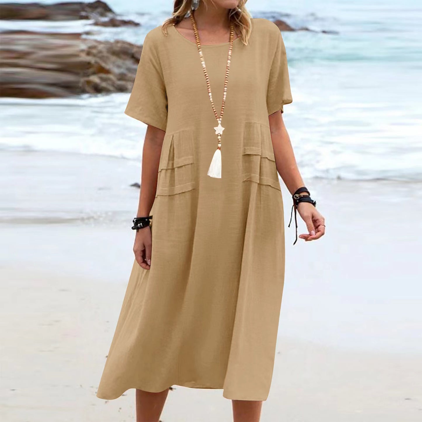 Buy Women's Summer Loose Casual Midi Dress Breathable Cotton Linen Short-sleeve Mid-length Dresses Women Simple Beach Dress online at DLC Market