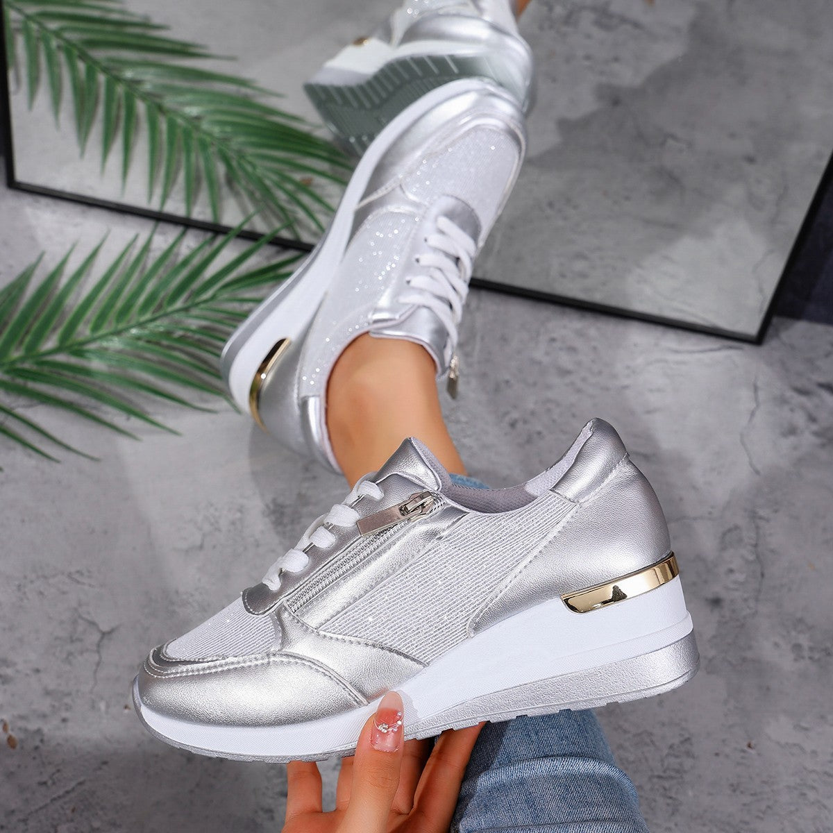 Buy Women's Lace-up Casual Shoes FFashion Side Zipper Design Thick-soled Shoes Walking Running Sports Sneakers online at DLC Market