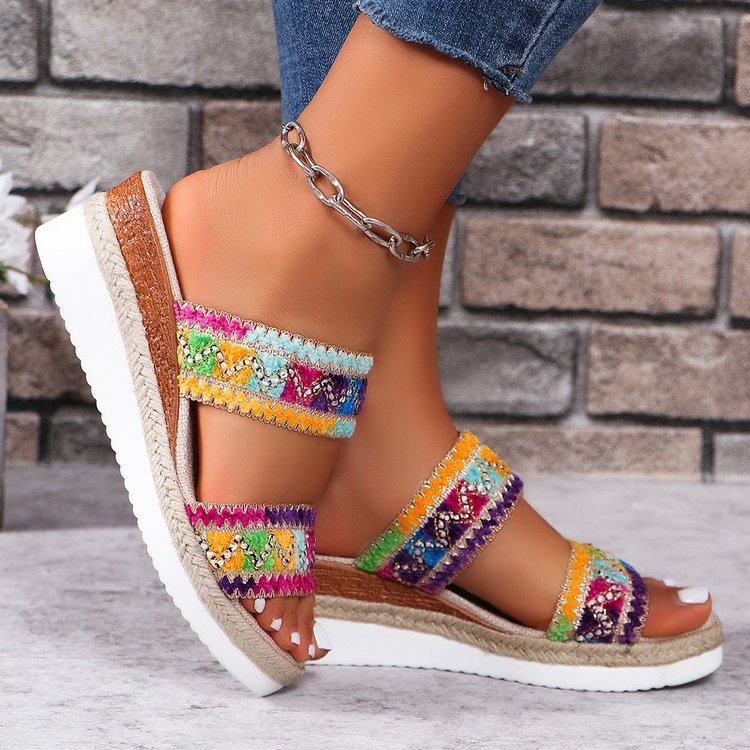 Buy Fashion Wavy Pattern Woven Sandals Summer Casual Ethnic Style Slippers Linen Bottom Wide Strap Wedges Shoes For Women online at DLC Market
