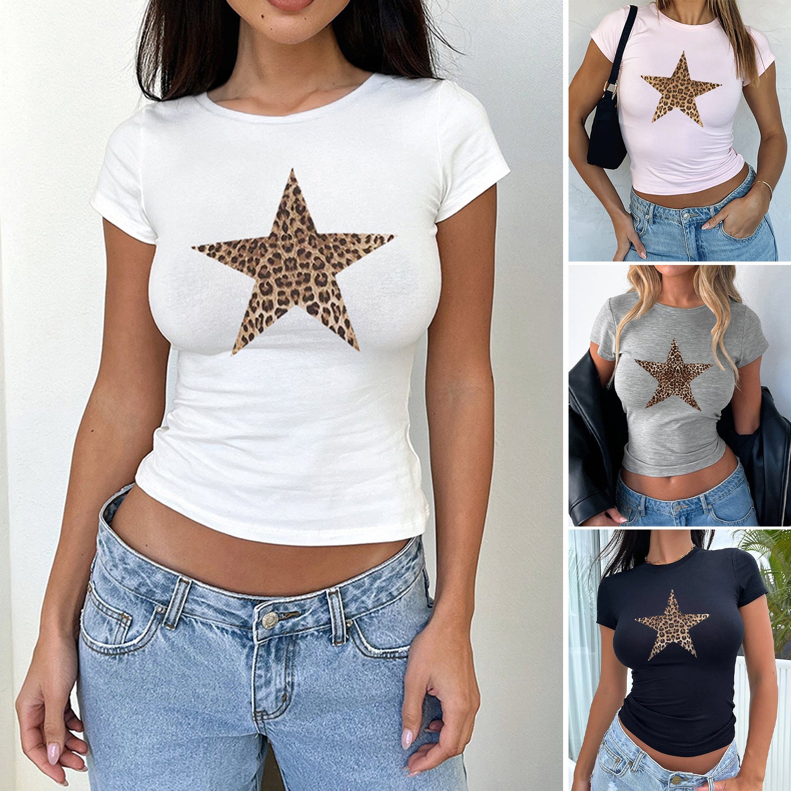 Buy Tight Waist Leopard Print Round Neck Short Sleeve online at DLC Market