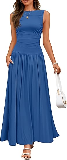 Buy Women's Summer Sleeveless Maxi Dress Casual Round Neck Pleated Elegant Maxi Dress With Pockets online at DLC Market