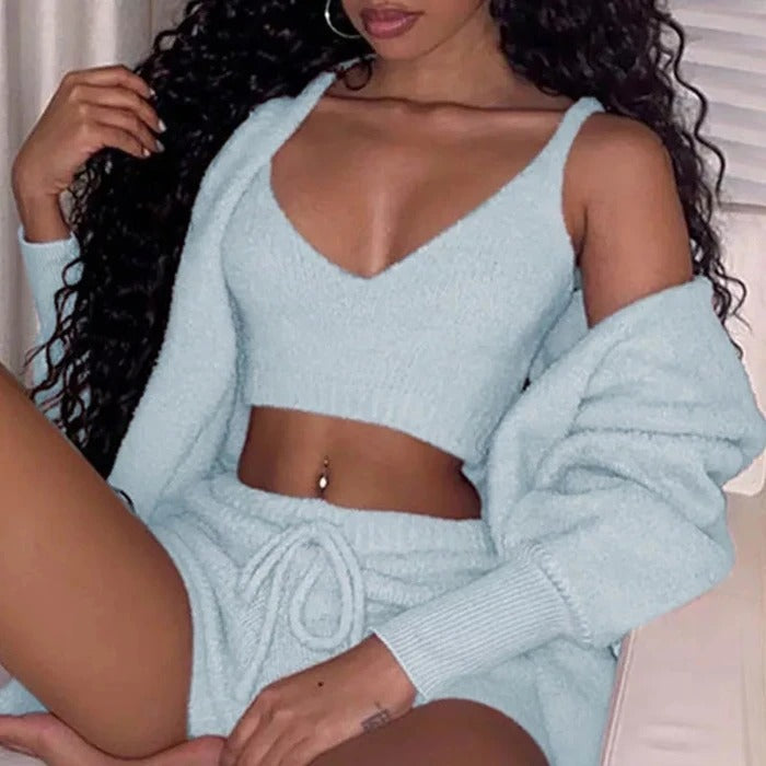 3pcs Womens Clothing Long Sleeve Crop Tank Top And Drawstring Shorts Pajama Set by null