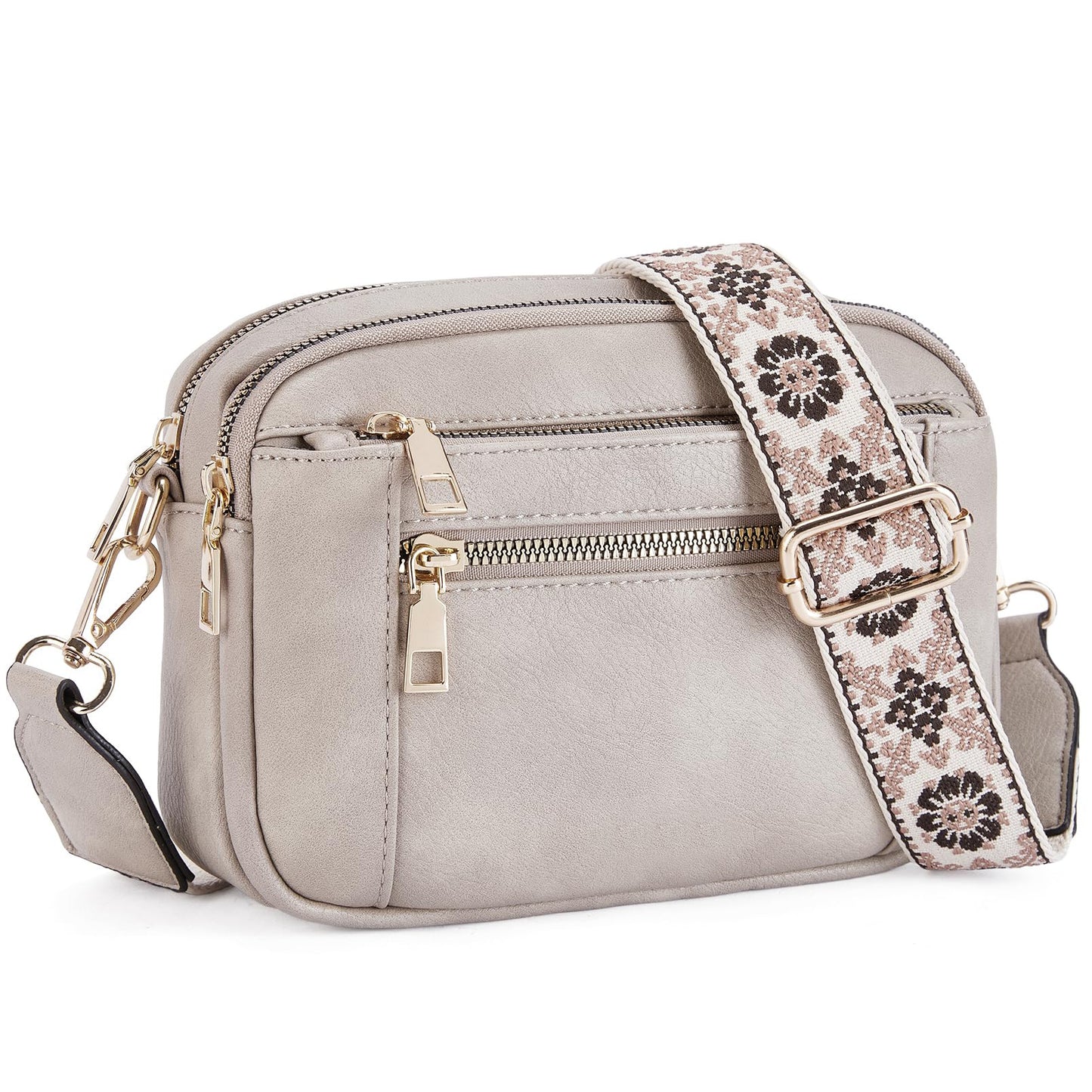Buy Triple-zipper Shoulder Bag With Floral Embroidered Straps Fashion Colorblock Multi-functional Crossbody Bags For Women online at DLC Market