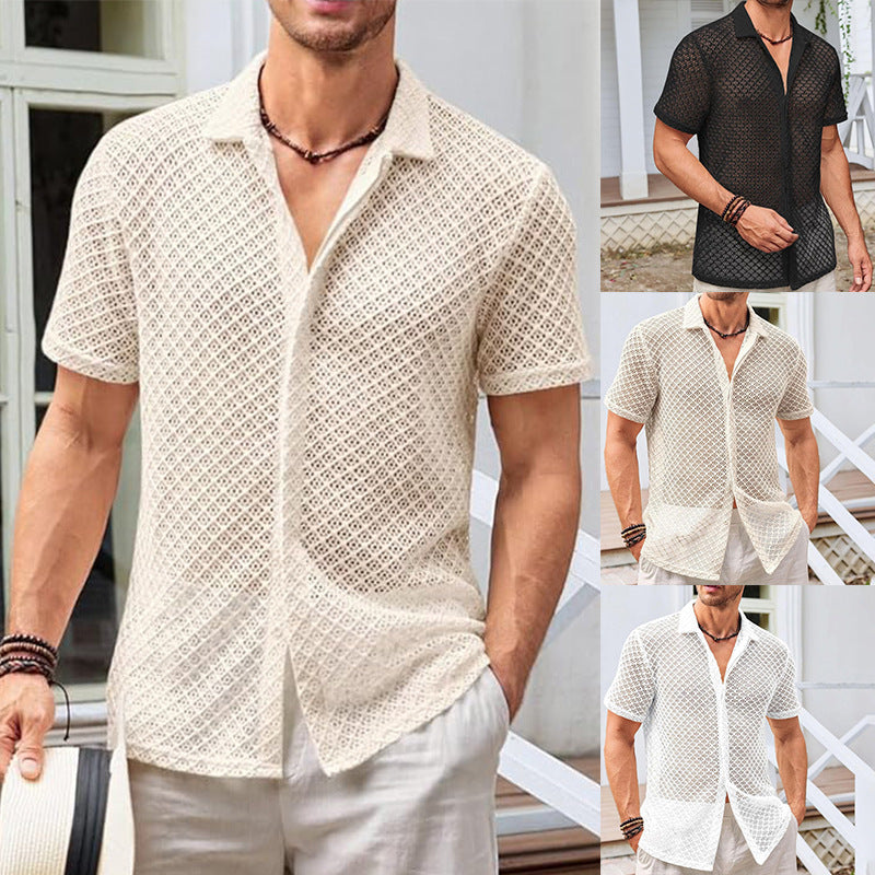 Summer Mesh Short Sleeve Shirt Fashion Solid Color Lapel Shirt Tops Beach Men Clothing by null