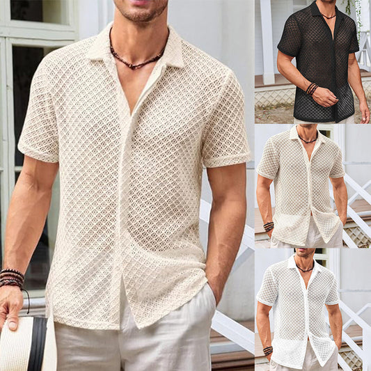 Summer Mesh Short Sleeve Shirt Fashion Solid Color Lapel Shirt Tops Beach Men Clothing by null