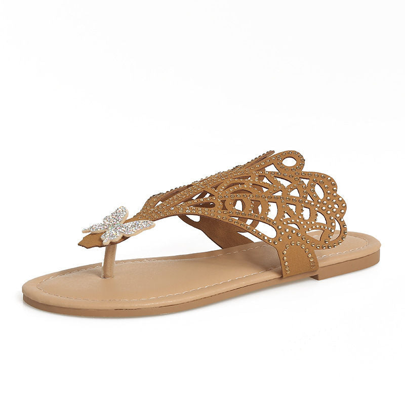 Buy Slip-on Flip-toe Sandals Women's Rhinestone Hollow Flat-heeled Slippers online at DLC Market