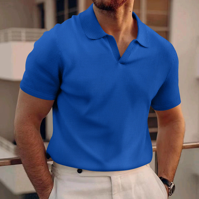 INS Waffle Lapel Short-sleeved T-shirt Summer Fashion Solid Color V-neck Polo Shirt Tops Men's Clothing by null