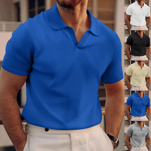 INS Waffle Lapel Short-sleeved T-shirt Summer Fashion Solid Color V-neck Polo Shirt Tops Men's Clothing by null