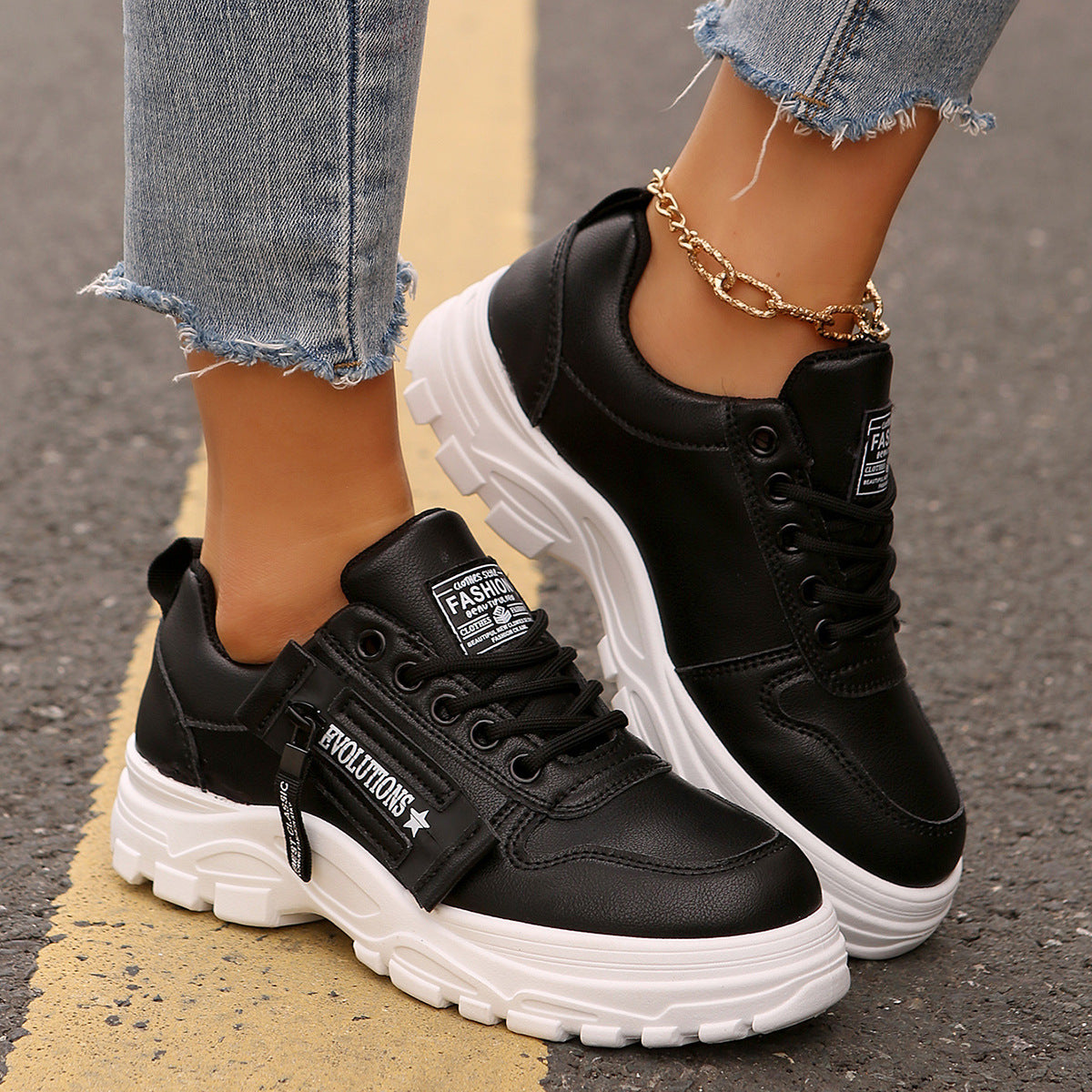 Buy Lace-up Sports Shoes With Side-Zipper Design Fashion Thick-soled Round-toe Casual Shoes For Women Sneakers online at DLC Market