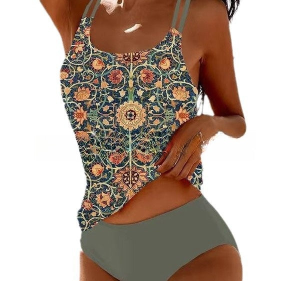 Retro Split High Waist Bikini Beach Print Strap Swimsuit by null