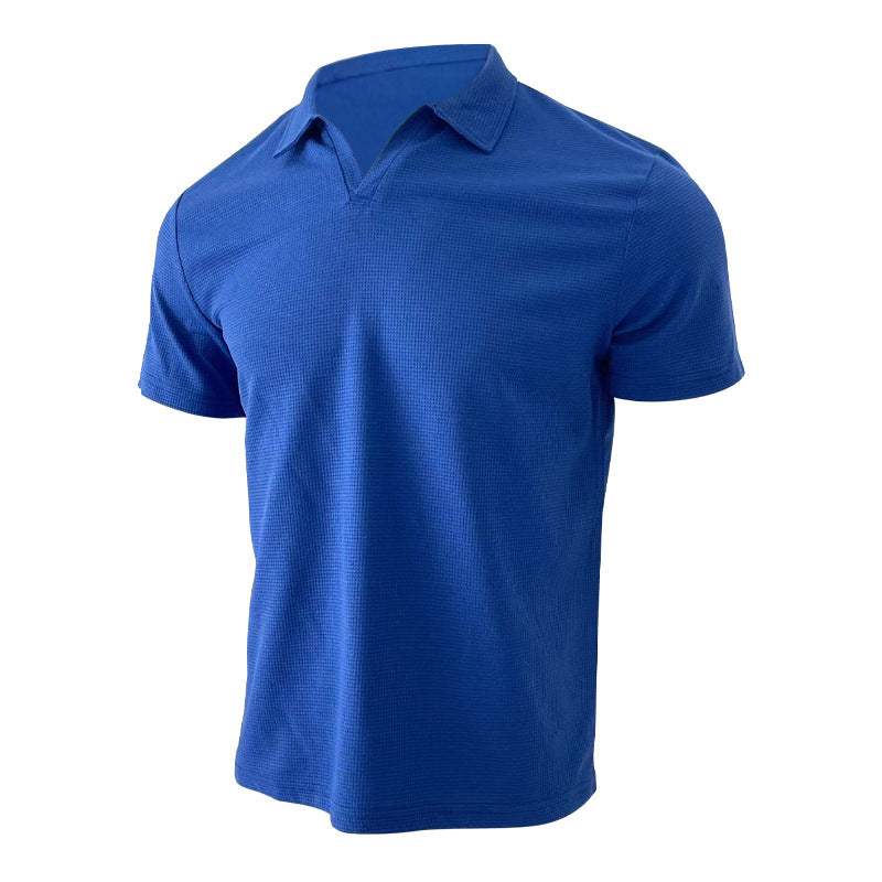 INS Waffle Lapel Short-sleeved T-shirt Summer Fashion Solid Color V-neck Polo Shirt Tops Men's Clothing by null