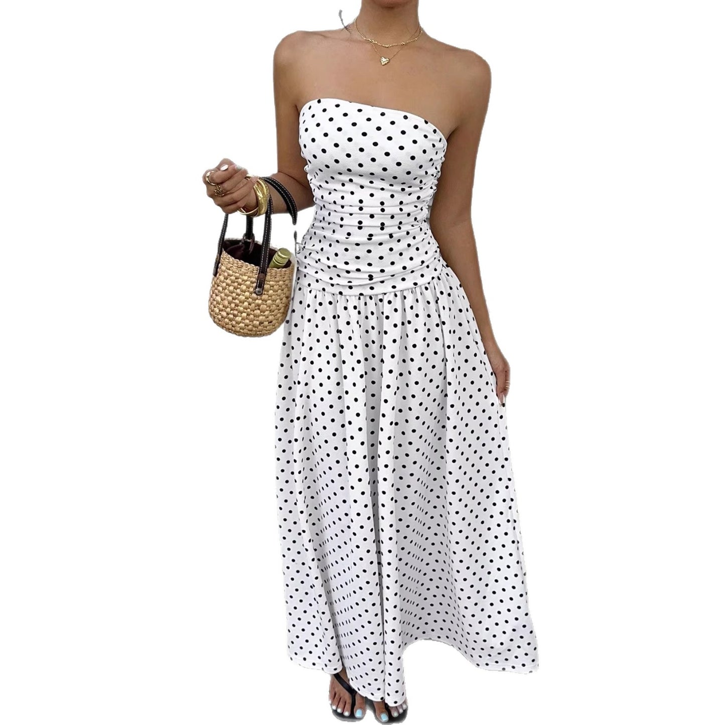Elegant Polka-dot Off-shoulder Dresses Solid Color Strapless Lady High-waist Robe Commuting Party Business Beach Holiday Outfit by null