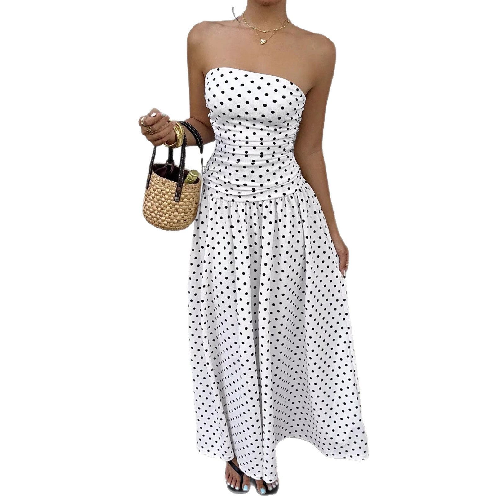 Elegant Polka-dot Off-shoulder Dresses Solid Color Strapless Lady High-waist Robe Commuting Party Business Beach Holiday Outfit by null