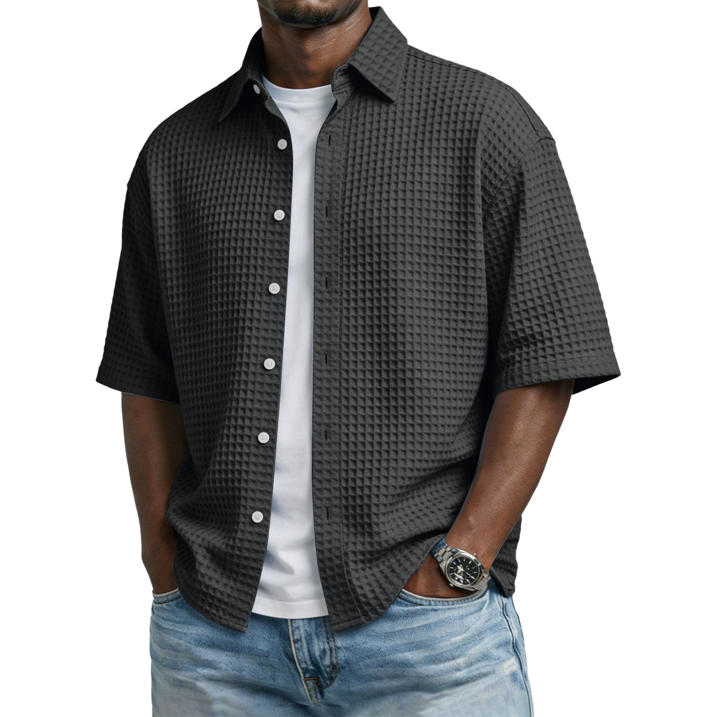 Men's Solid-Colored Waffle-Weave T-Shirt With Lapel Collar by null
