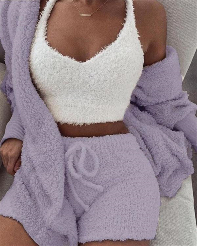 3pcs Womens Clothing Long Sleeve Crop Tank Top And Drawstring Shorts Pajama Set by null