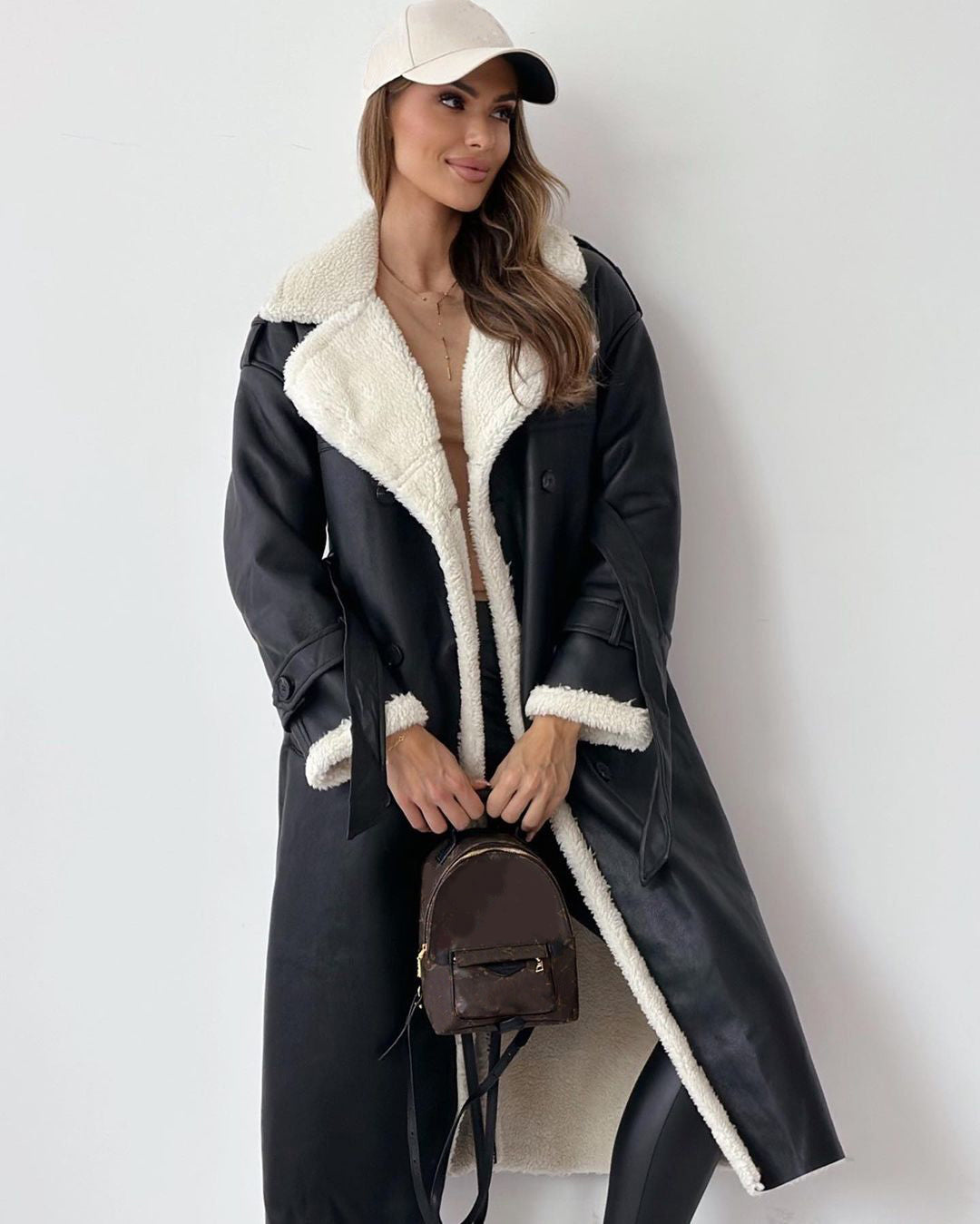 Winter Belted Double Breasted Lapel Trench Coat For Women Mid Length Windbreaker Overcoat Polyester by null