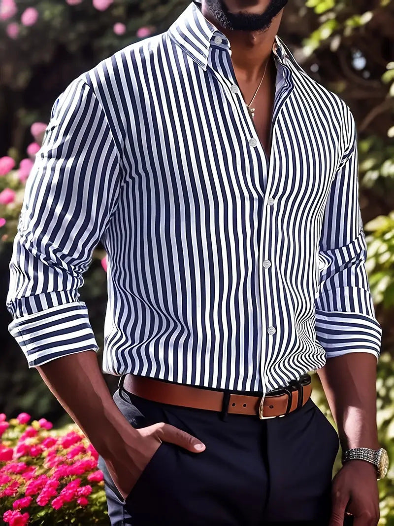 Ins Stripe Printed Long Sleeve Shirt Men Fashion Casual Lapel Button Top Clothing by null