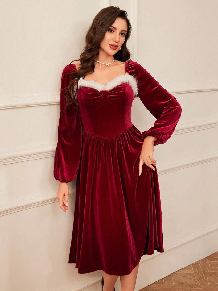 Wine Red Velvet Dress For Women Vintage Christmas Party Long Sleeve Lantern Sleeve With Elegant Slimming Waist by null