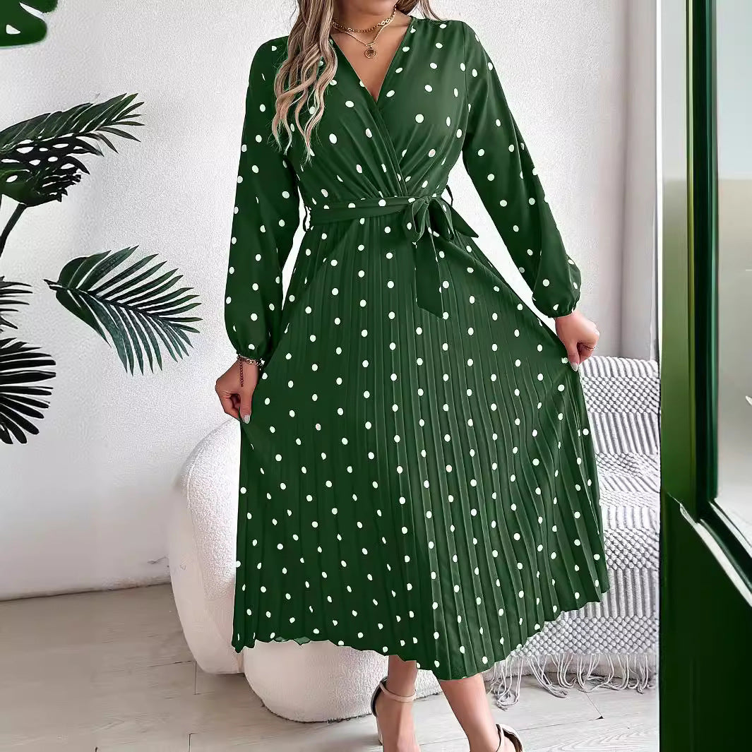 Buy Spring Summer Elegant Long Dress Cross V-Neck Contrast Polka Dot Long Sleeve Pleated Bridesmaid Dresses online at DLC Market
