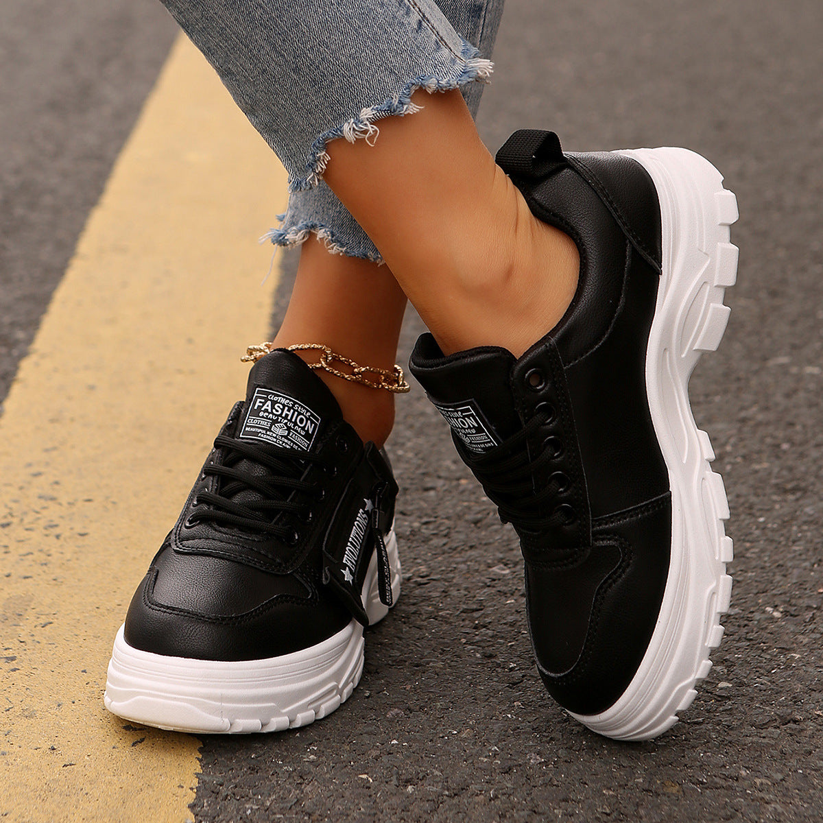 Buy Lace-up Sports Shoes With Side-Zipper Design Fashion Thick-soled Round-toe Casual Shoes For Women Sneakers online at DLC Market
