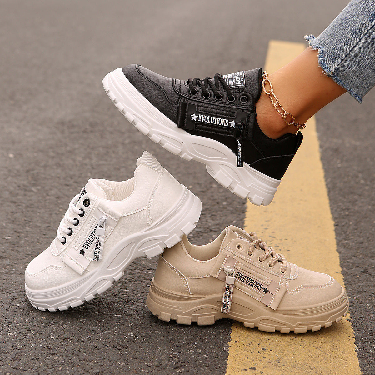 Buy Lace-up Sports Shoes With Side-Zipper Design Fashion Thick-soled Round-toe Casual Shoes For Women Sneakers online at DLC Market