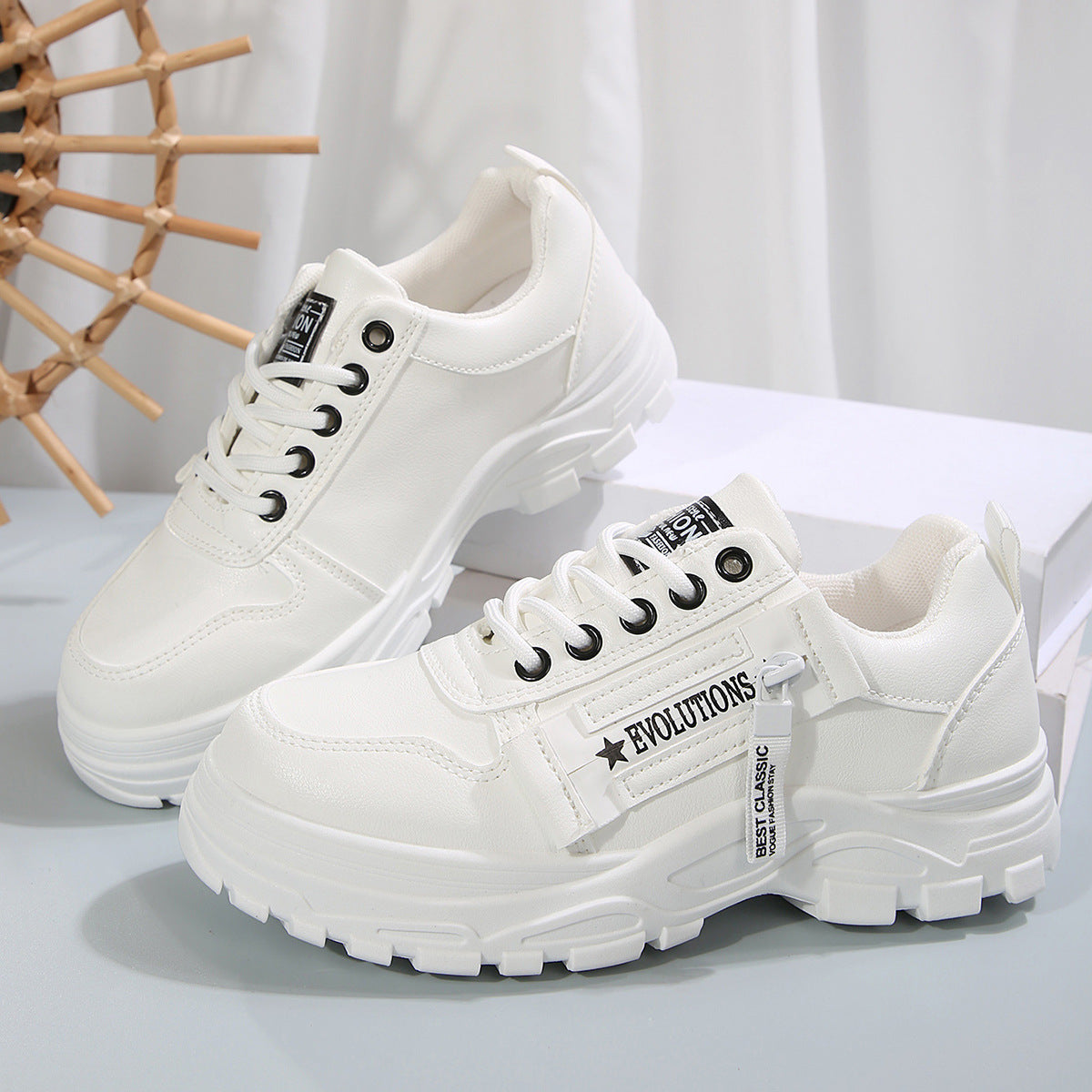 Buy Lace-up Sports Shoes With Side-Zipper Design Fashion Thick-soled Round-toe Casual Shoes For Women Sneakers online at DLC Market
