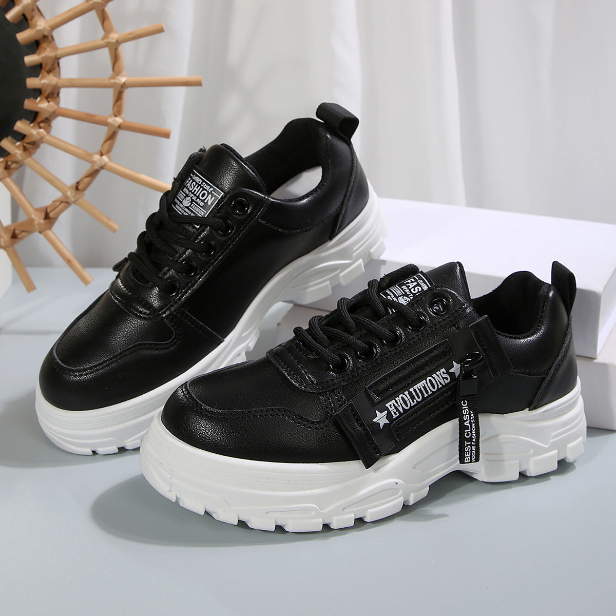 Buy Lace-up Sports Shoes With Side-Zipper Design Fashion Thick-soled Round-toe Casual Shoes For Women Sneakers online at DLC Market