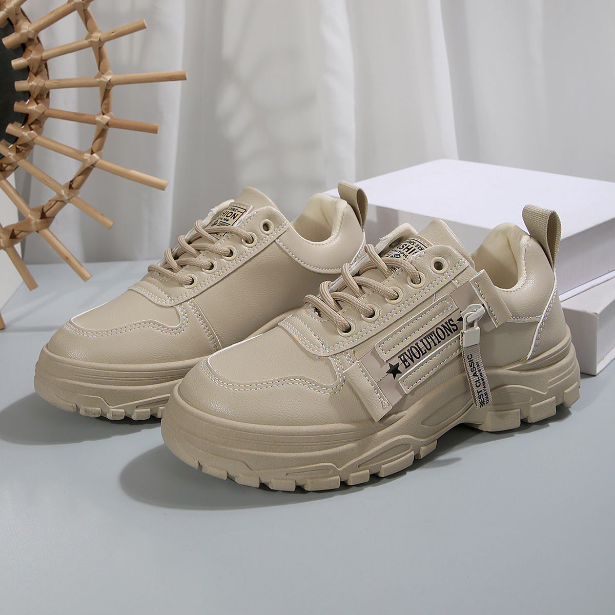 Buy Lace-up Sports Shoes With Side-Zipper Design Fashion Thick-soled Round-toe Casual Shoes For Women Sneakers online at DLC Market