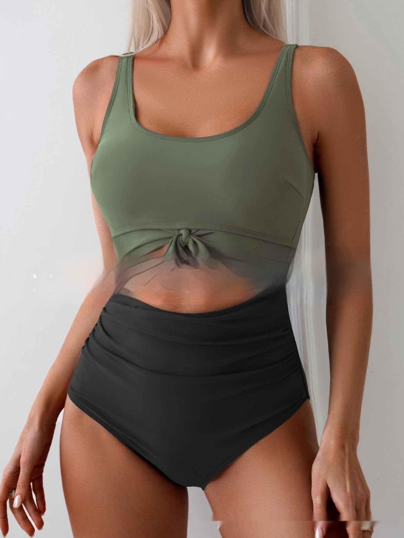 One-piece Female Stitching Contrast Color Strap Covered Belly Swimsuit by null