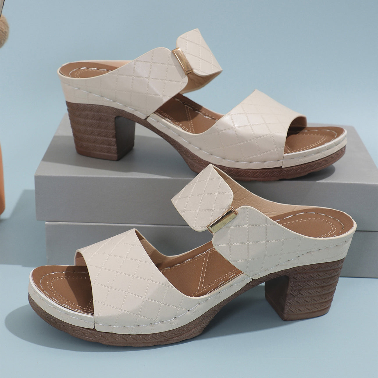 Buy Chunky Heel Sandals Summer Round Toe Plaid Slides Slippers Fashion Outdoor High Heels Shoes For Women online at DLC Market