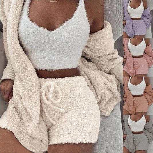 3pcs Womens Clothing Long Sleeve Crop Tank Top And Drawstring Shorts Pajama Set by null