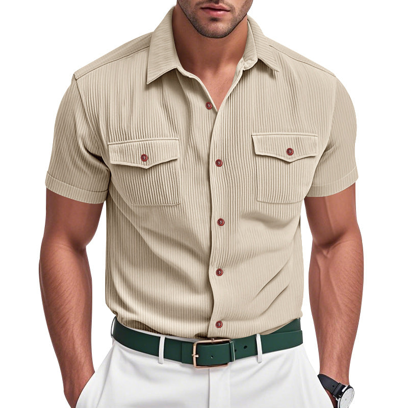 Loose Heavy Lapel Corduroy Workwear Short Sleeve Shirt by null