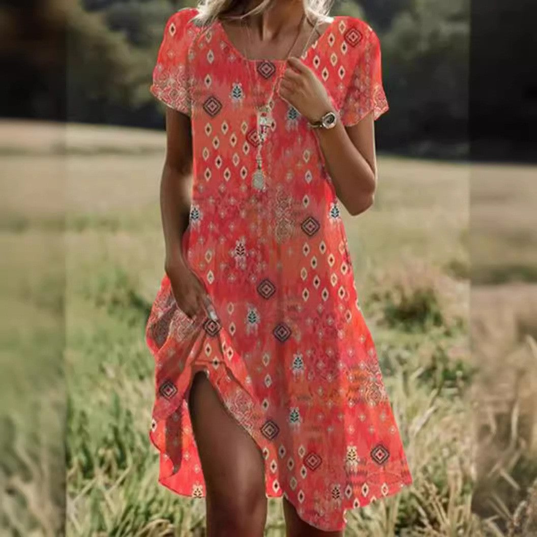 Women's Artistic Ethnic Style Scoop Mid-length Dress by null