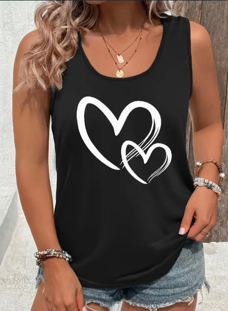 Buy Hearts Print Crew Neck Tank Top, Casual Sleeveless Tank Top For Summer, Women's Clothing online at DLC Market