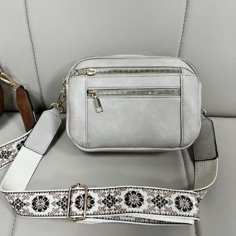 Buy Triple-zipper Shoulder Bag With Floral Embroidered Straps Fashion Colorblock Multi-functional Crossbody Bags For Women online at DLC Market