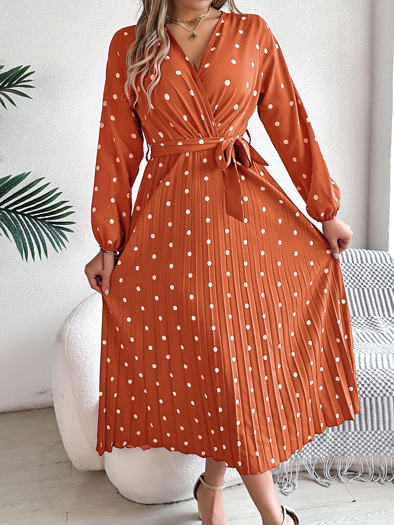Buy Spring Summer Elegant Long Dress Cross V-Neck Contrast Polka Dot Long Sleeve Pleated Bridesmaid Dresses online at DLC Market