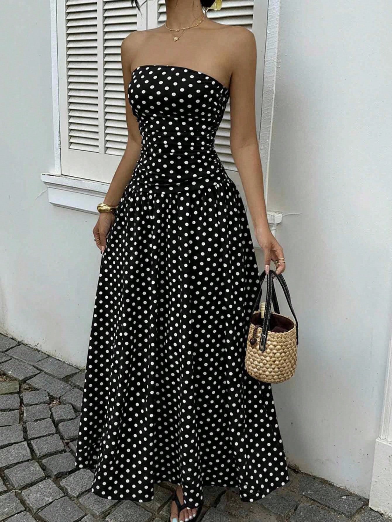 Elegant Polka-dot Off-shoulder Dresses Solid Color Strapless Lady High-waist Robe Commuting Party Business Beach Holiday Outfit by null