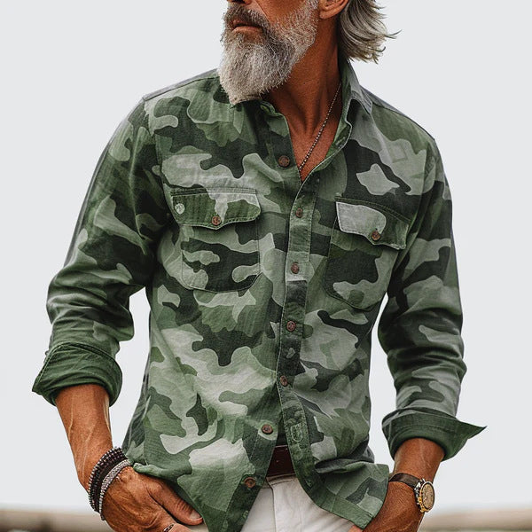 Men's Clothing Print Lapel Long Sleeve Loose Shirt by null