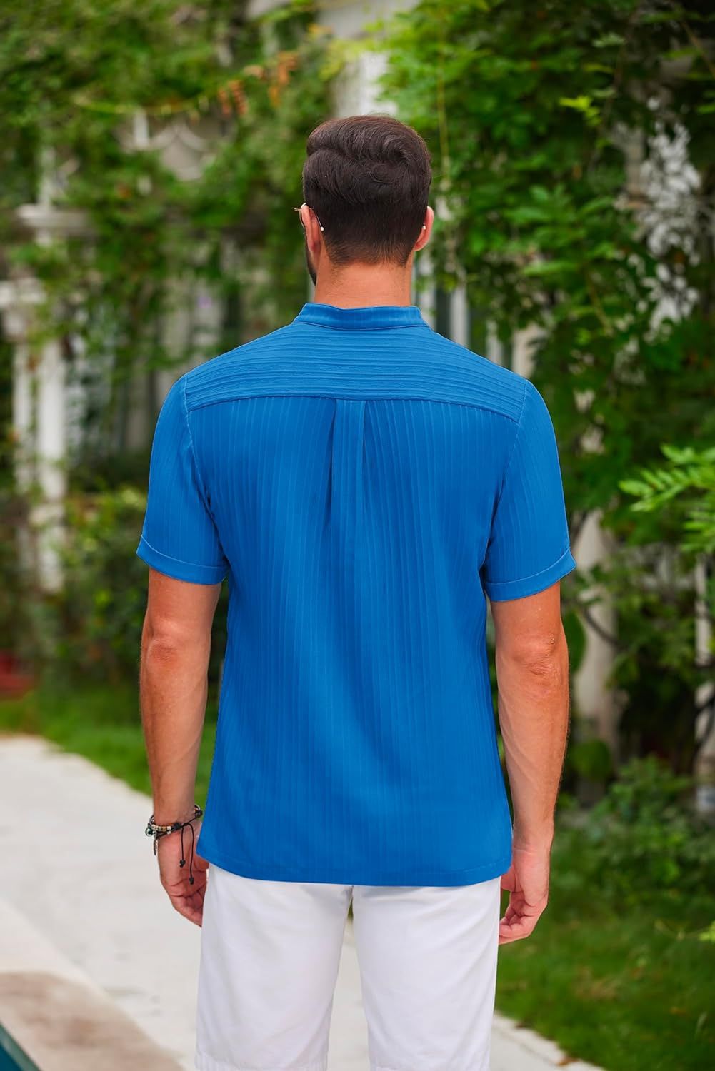 Summer Stand Collar Buttons Short Sleeve T-shirt Solid Color Stripe POLO Shirt Fashion Casual Beach Clothing For Men by null