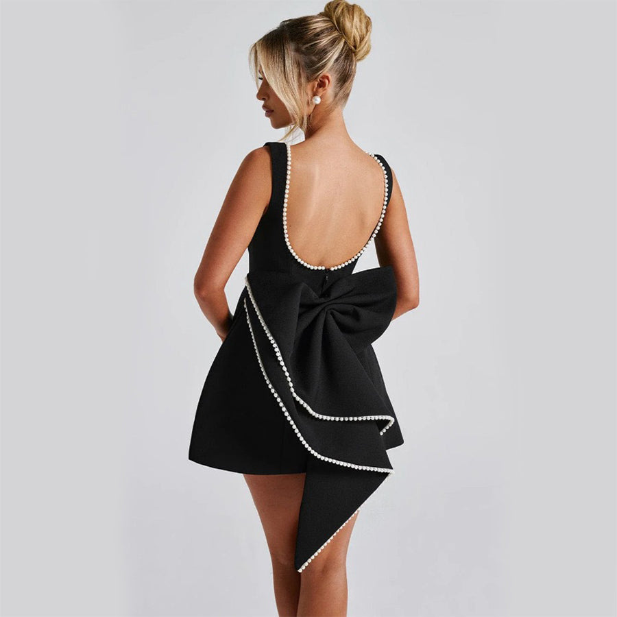 Fashion Big-Bowed Pearls Backless Dress Summer Slim Sleeveless A-line Dresses For Party Evening Women's Clothing by null