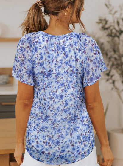 Buy Blue Flutter Sleeve V Neck Floral Summer Blouse online at DLC Market